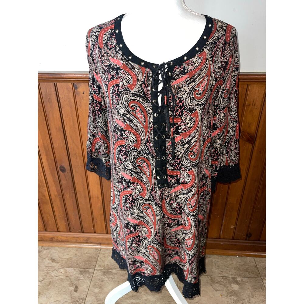 Womens Miss Me Red Black Paisley Cotton‎ Lace Tassel Casual Dress Size Large